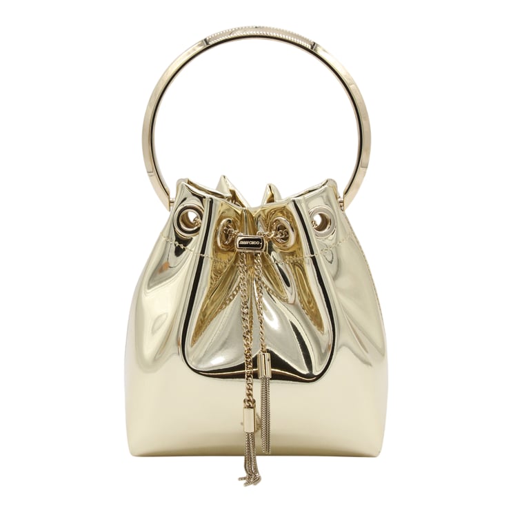 Jimmy Choo Metallic Bucket Bag With Circular Handle And Chain Tassels