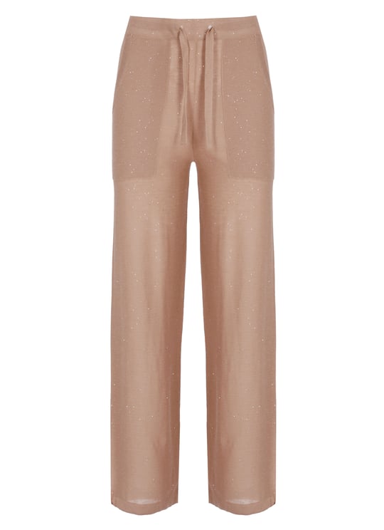 Kangra Beige Viscose Sequined Drawstring Straight-Leg Pants