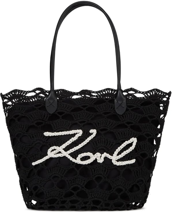 Karl Lagerfeld Intricate Openwork Crochet Tote Bag with Logo Detail