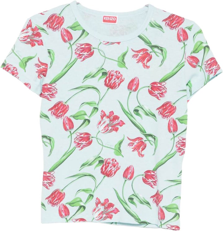 Kenzo Light Blue Floral Print Crew Neck Top