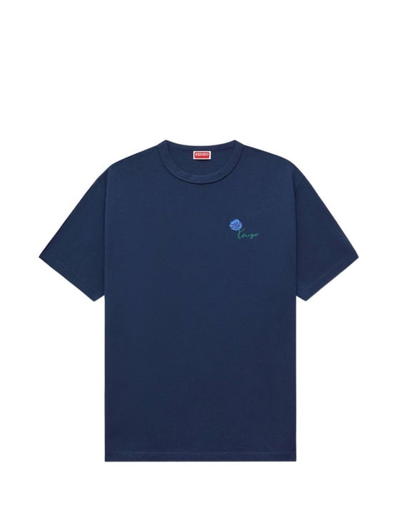 Kenzo Navy Blue Short-Sleeve T-Shirt with Floral Embroidery