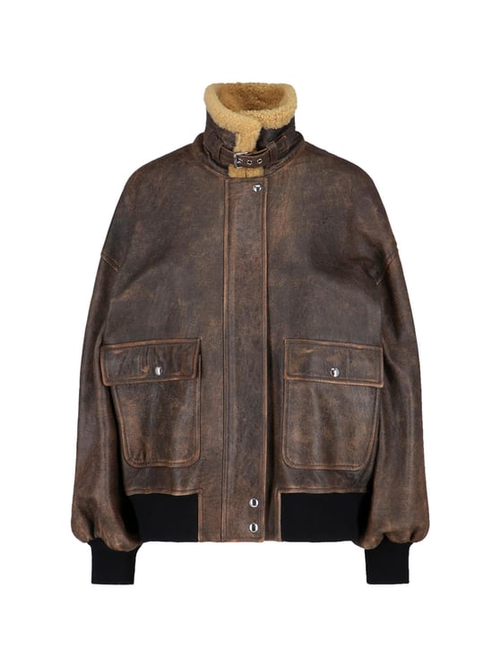 Khaite Distressed Brown Leather Jacket with Shearling Collar