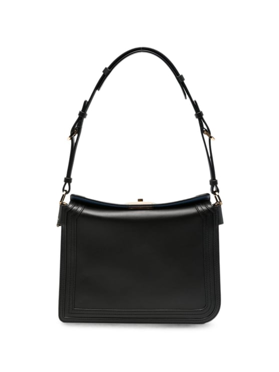 Lanvin Structured Black Leather Shoulder Bag with Logo Plaque
