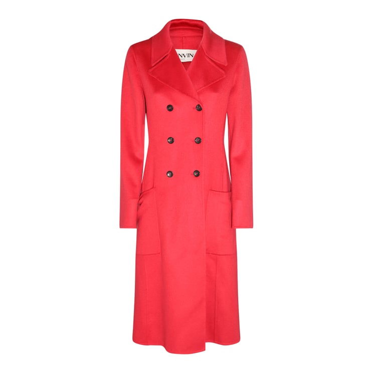Lanvin Watermelon Cashmere Long Coat With Double-Breasted Design And Classic Collar