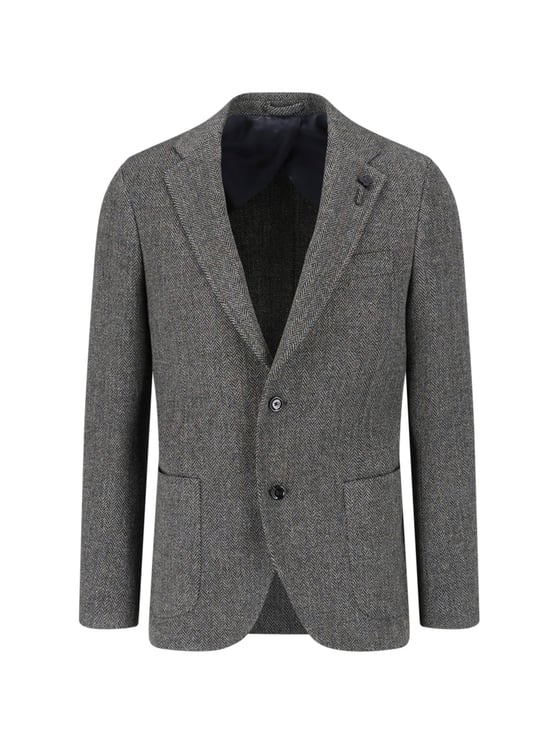 Lardini Grey Wool-Blend Herringbone Single Breasted Blazer