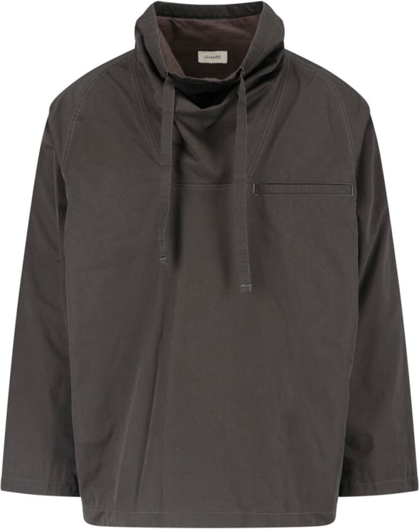 Lemaire Grey Funnel Neck Boxy Cropped Hooded Sweatshirt