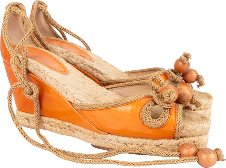 Loewe Loewe Orange Patent Leather Anagram Beaded Espadrille Wedge Sandals (37)