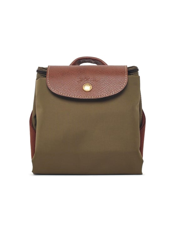 Longchamp Compact Olive Tela Backpack with Leather Flap and Adjustable Straps