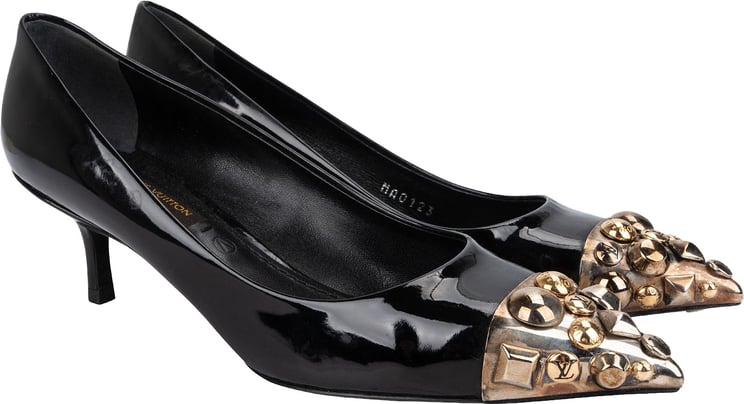Louis Vuitton Louis Vuitton Black Patent Leather Studded Cap Toe Kitten Heel Pumps (35)