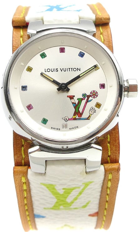 Louis Vuitton Louis Vuitton Tambour Quartz Watch Stainless Steel and Monogram Multicolor 28