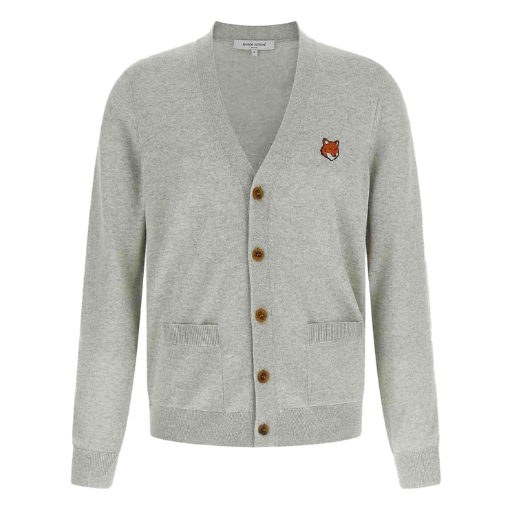Maison Kitsuné Light Grey Cardigan Sweater With V-Neckline And Embroidered Fox Logo