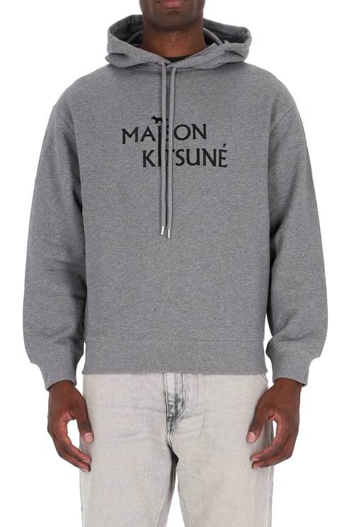 Maison Kitsuné Cropped Grey Hoodie with Drawstring Hood and Bold Logo