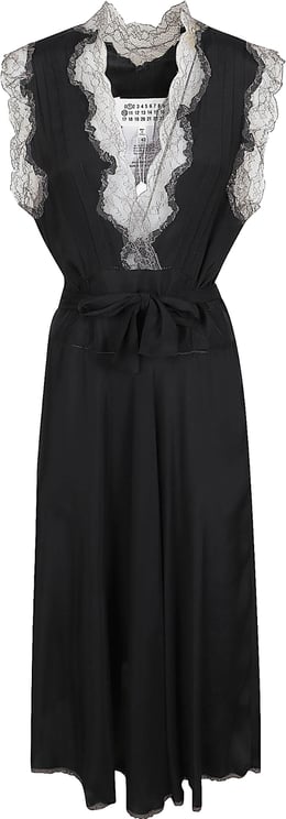 Maison Margiela Flowing Black Dress with Lace Trim and Belted Waist