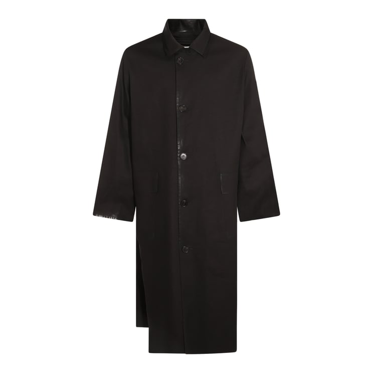 Maison Margiela Long Black Cotton Coat With Classic Shirt Collar And Minimalist Design