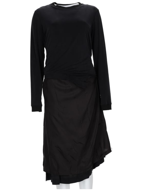 Maison Margiela Layered Black Midi Dress with Asymmetrical Skirt Overlay