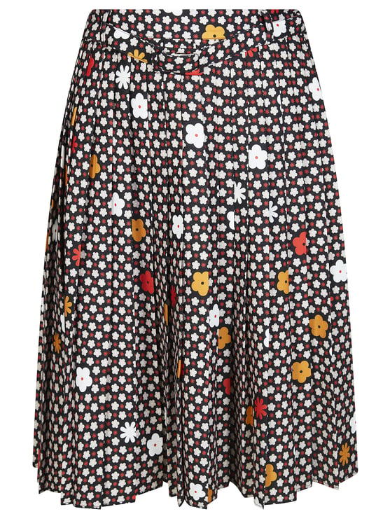 Maison Margiela Black Pleated Floral Backdrop Flared Skirt