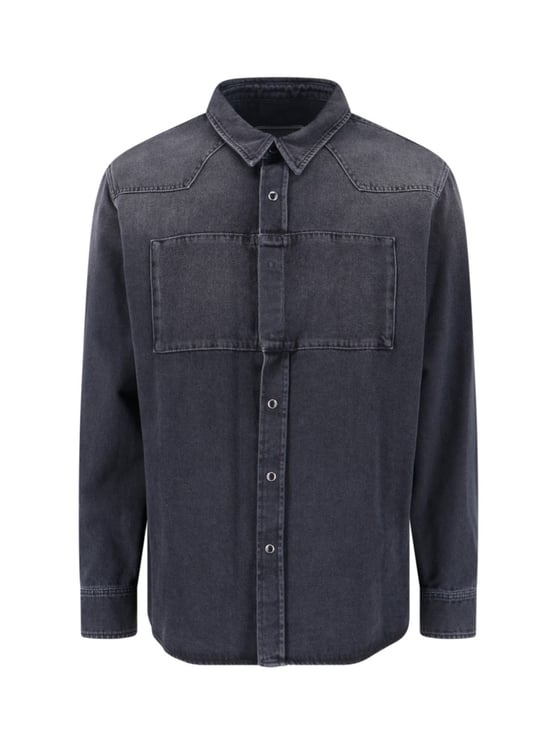 Maison Margiela Black Denim Shirt With Visible Stitching And Curved Hem