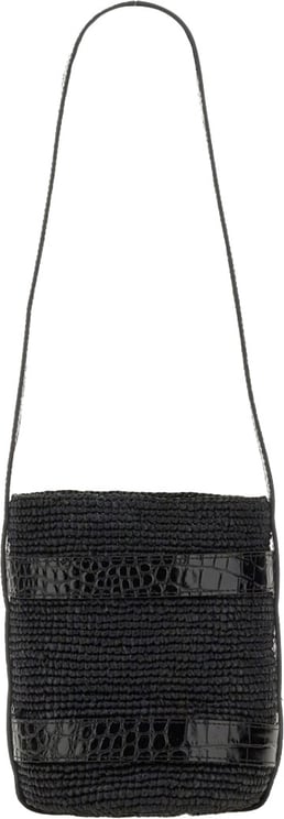 Manebi Textured Raffia Bucket Bag With Glossy Accents