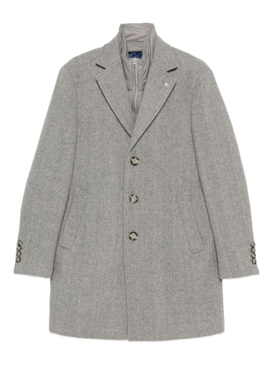 Manuel Ritz Grey Herringbone Single-Breasted Coat With Notched Lapels And Flap Pockets