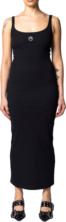 Marine Serre MOON LOGO RIBBED JERSEY LONG DRESS BLACK
