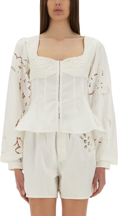 Marine Serre Fitted White Top With Square Neckline And Floral Embroidery