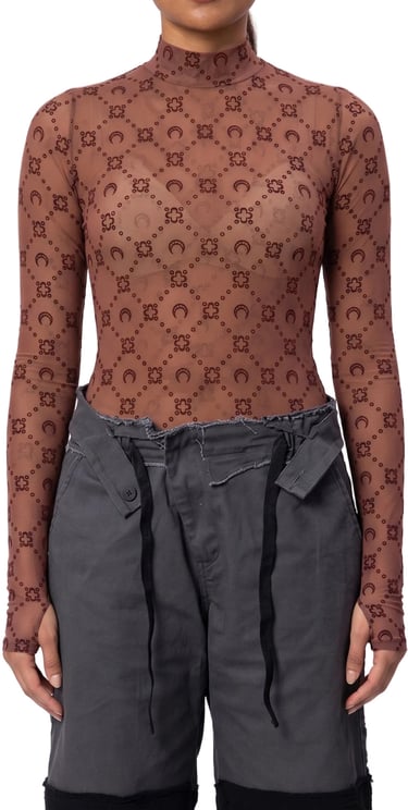 Marine Serre RECYCLED MESH FLOCK LS HIGHNECK TOP CHOCOLATE