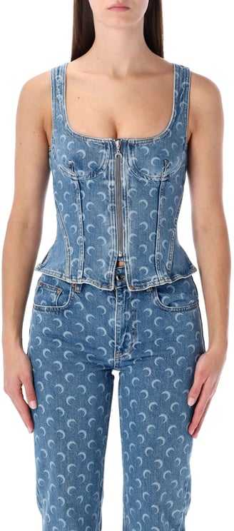 Marine Serre Bustier Top Denim Moon Allover Blu