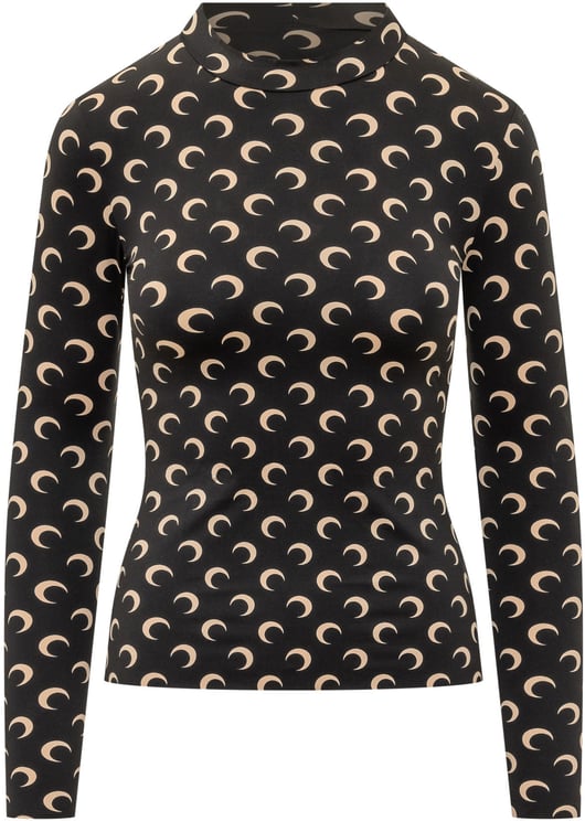 Marine Serre Top a Maniche Lunghe con Collo Alto Stampa Moon