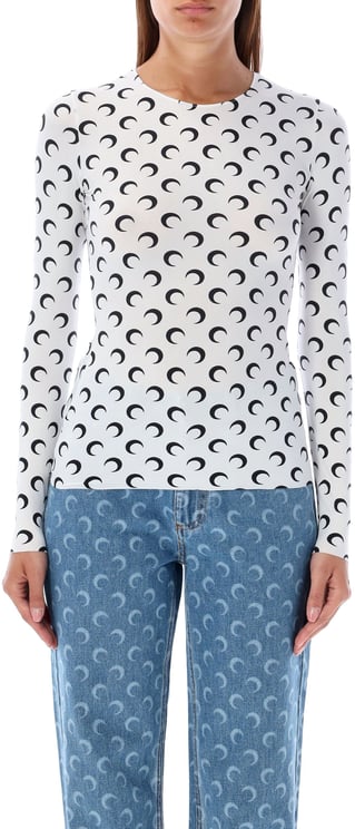 Marine Serre Moon Print Crew Neck Top White Black Moon
