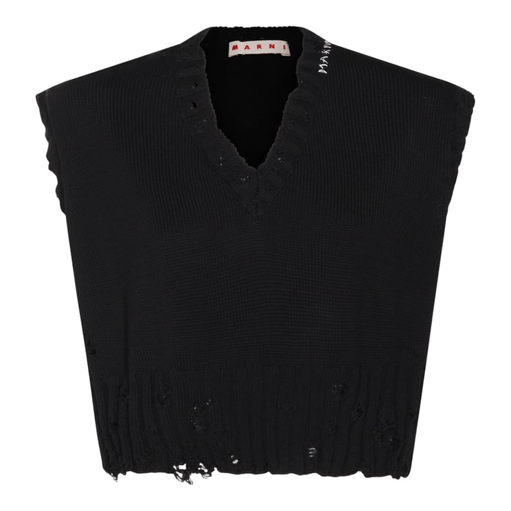Marni Sleeveless Black Knit Sweater Vest With Distressed Detailing