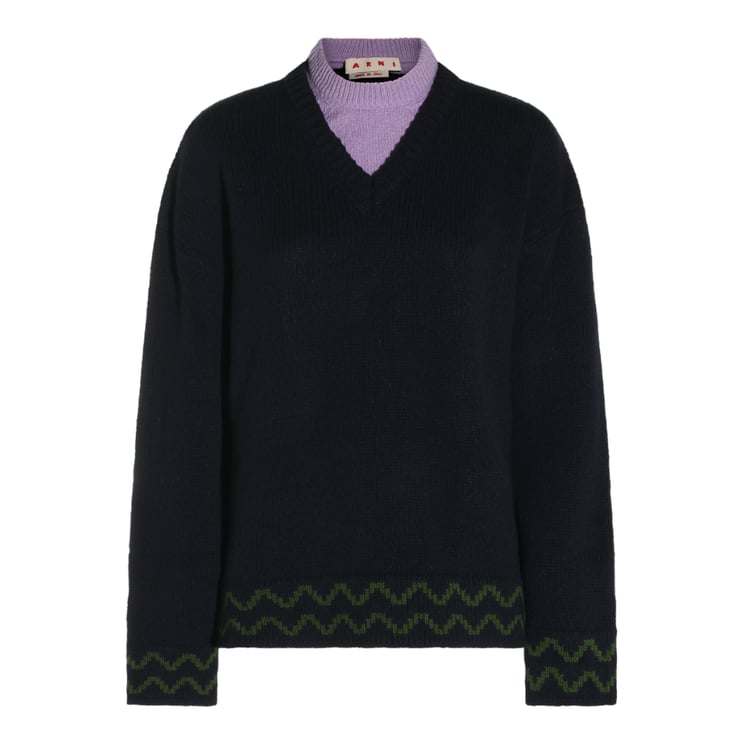 Marni Deep V-Neck Sweater With Ribbed Collar And Zigzag Detailing