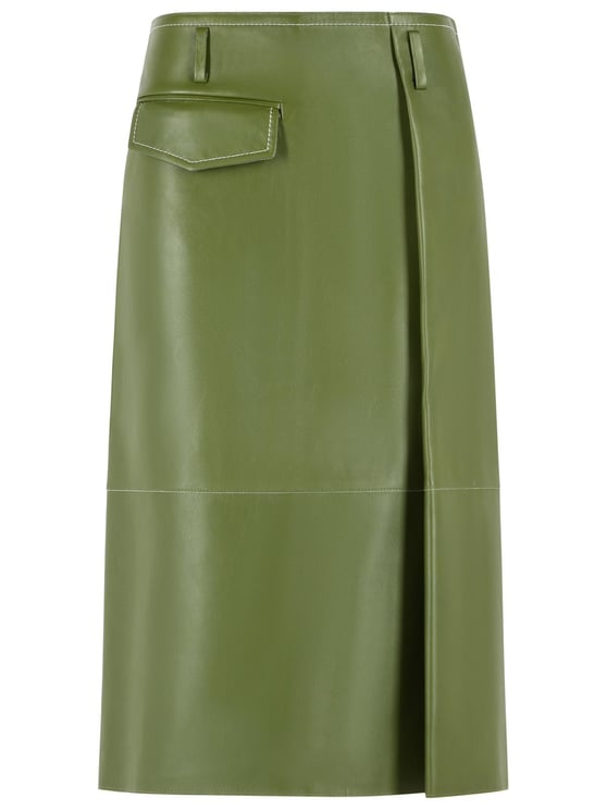 Marni Midi Skirt In Green Nappa Leather With Asymmetric Pocket