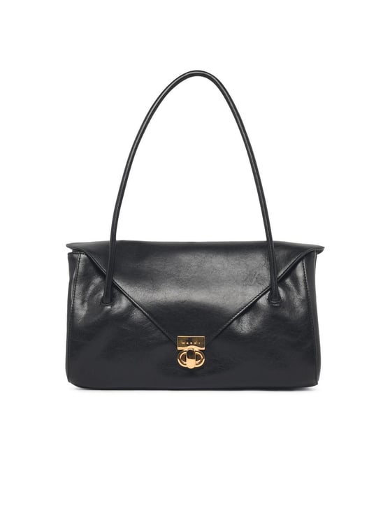 Marni Rectangular Black Calfskin Shoulder Bag with Gold-tone Closure