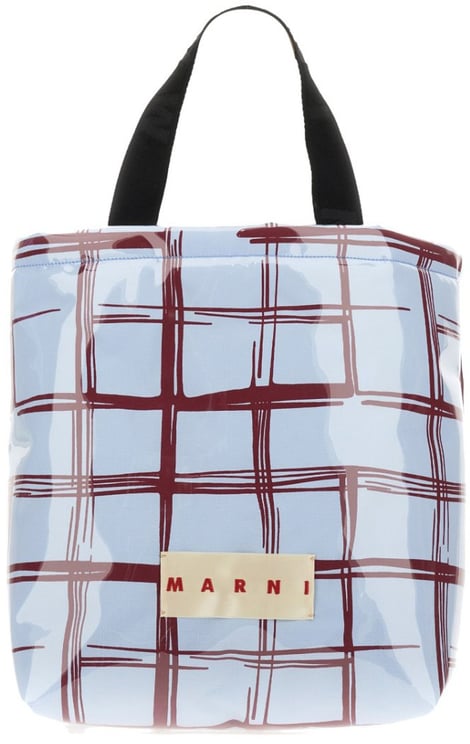 Marni Glossy Coated Canvas Tote Bag With Double Handles And Plaid Pattern
