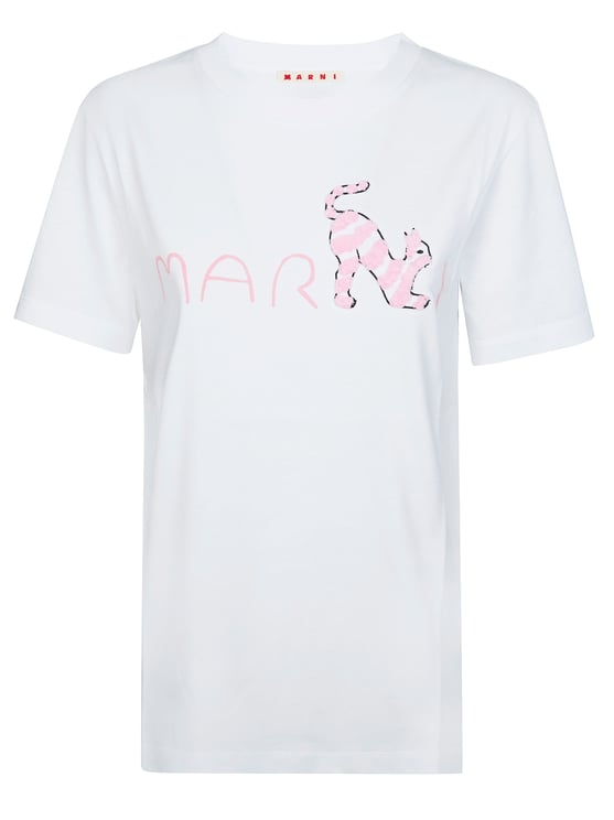 Marni White Round Neck Animal Motif T-Shirt