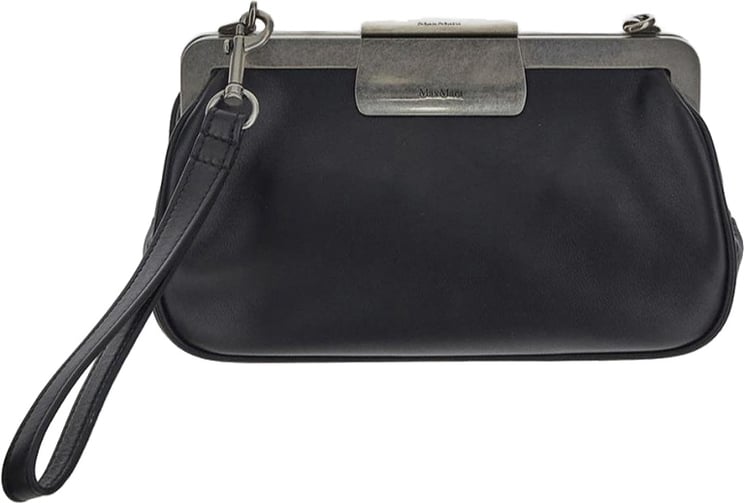 Max Mara Rounded Black Leather Clutch With Metallic Clasp