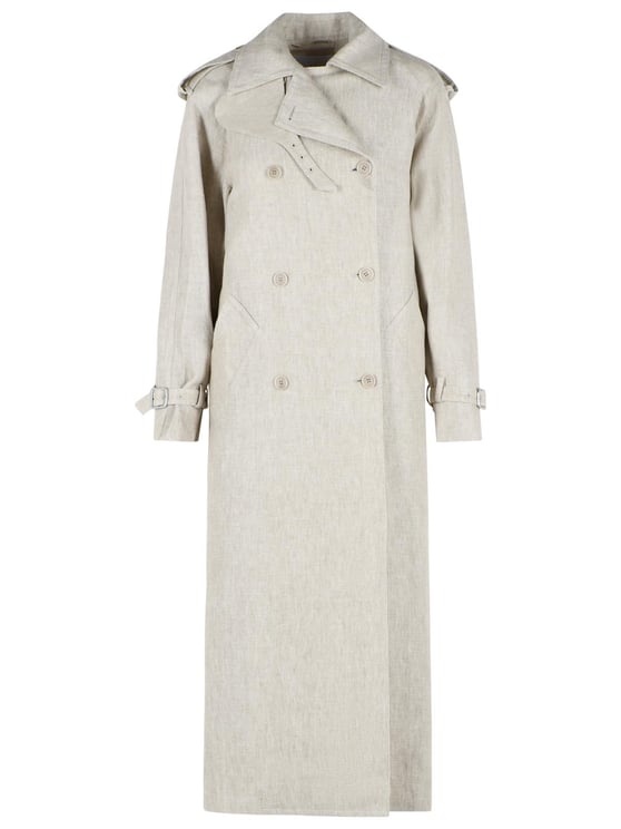 Max Mara Double-Breasted Duster In 'Drill' Of Pure Beige Sand Linen