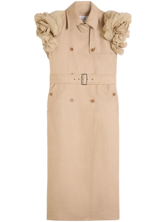 Max Mara Sleeveless Double-Breasted Linen Long Coat with Ruffled Shoulders