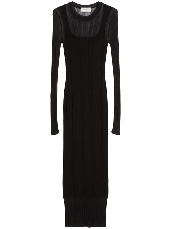 Max Mara Fitted Black Knit Midi Dress with Sheer Overlay