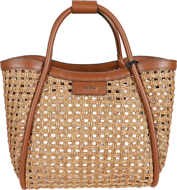 Max Mara Woven Straw-Effect Bag with Leather Details and Gold Accents