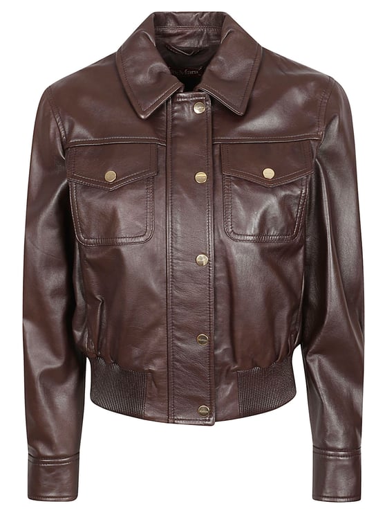 Max Mara Brown Lamb Leather Jacket with Classic Collar and Gold-Tone Accents
