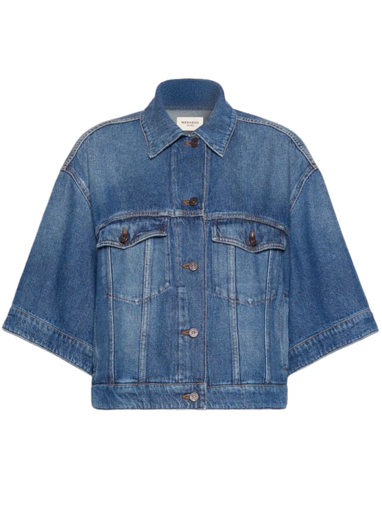 Max Mara Boxy Cropped Denim Jacket with Flap Pockets and Seam Detailing