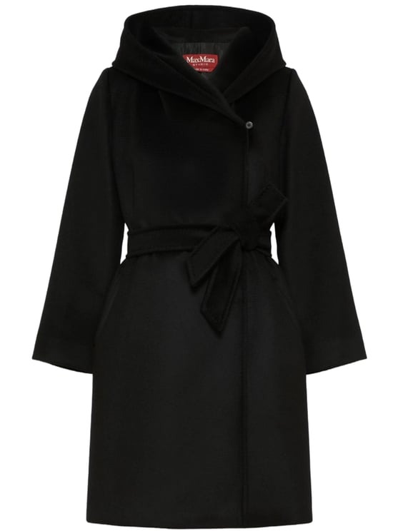Max Mara Black Wool Wrap Coat with Self-Tie Detail