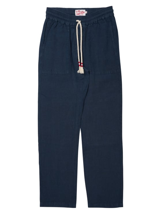 MC2 Saint Barth Relaxed Fit Blue Linen Trousers With Drawstring Waistband