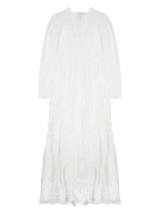 MC2 Saint Barth Tiered White Midi Dress With Eyelet Pattern And Puff Sleeves