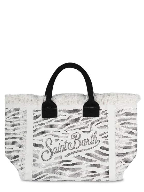 MC2 Saint Barth Grey Cotton Tote Bag with Animal Print and Fringed Edges