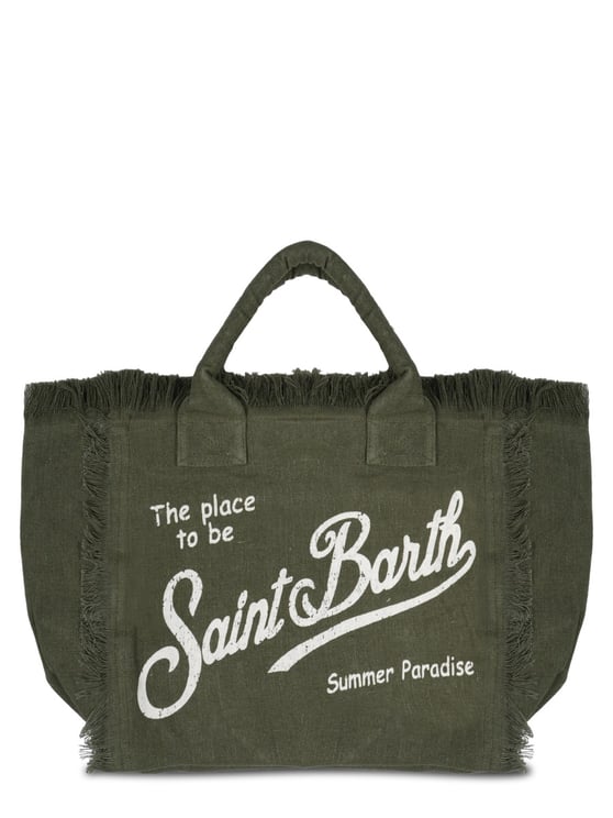 MC2 Saint Barth Linen Tote Bag with Text Print and Fringed Edging