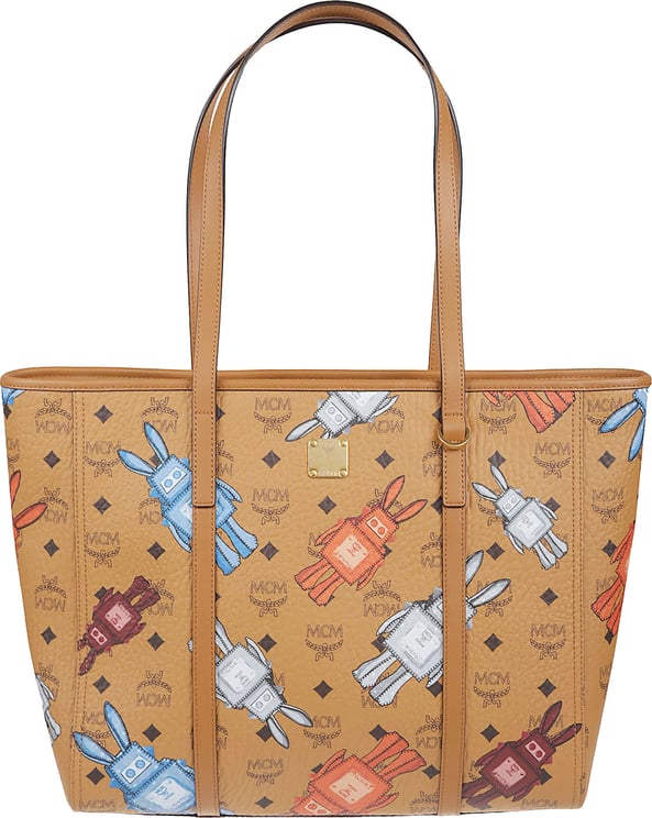 MCM Structured Tote Bag with Colorful Robot Pattern and Leather Trims