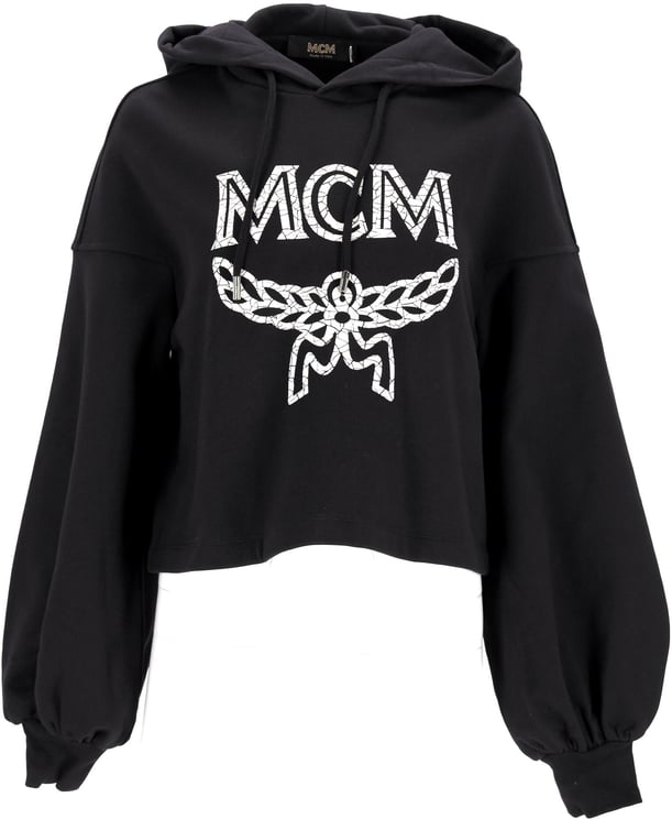 MCM Cropped Black Oversized Hoodie With Iconic Logo Print