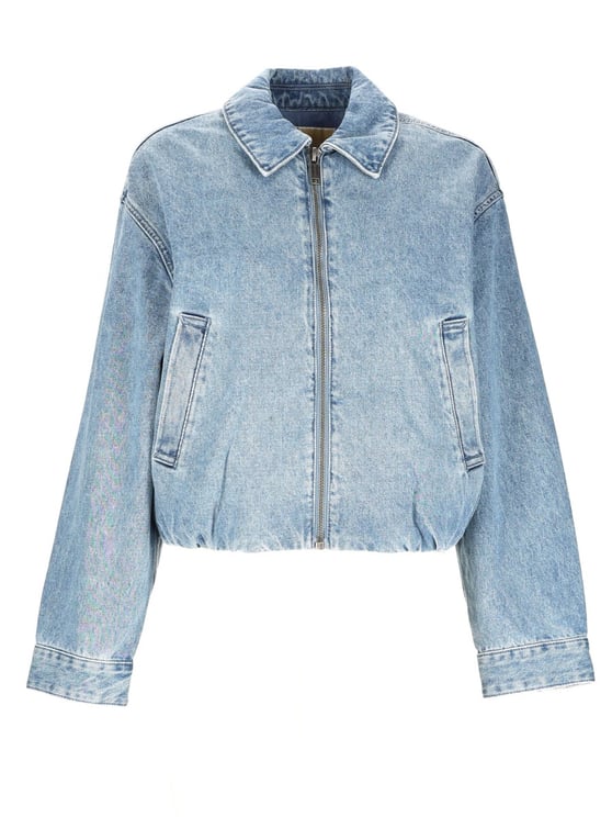 Michael Kors Light Blue Cropped Elasticized Denim Bomber Jacket